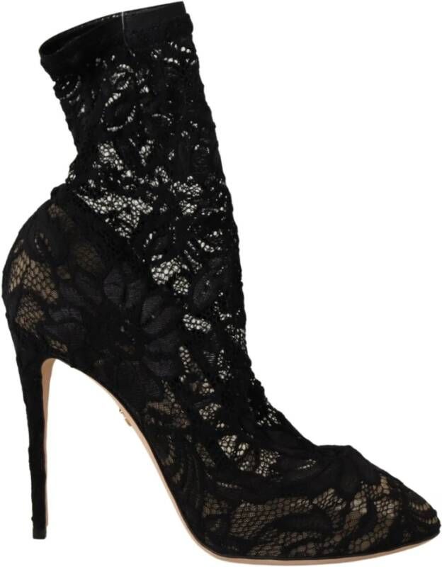 Dolce & Gabbana Black Stretch Socks Taormina Lace Boots Shoes Zwart Dames