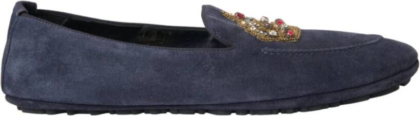 Dolce & Gabbana Blauwe Leren Crystal Crown Loafers Schoenen Blue Heren