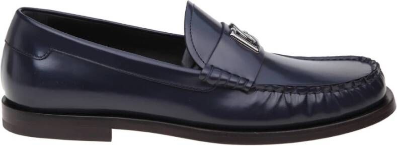 Dolce & Gabbana Blauwe Leren Loafers met Metalen DG Logo Blue Heren