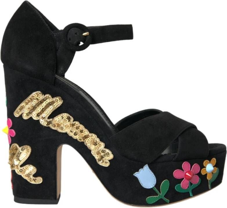 Dolce & Gabbana Zwarte Suède Bloem Hakken Sandalen Black Dames