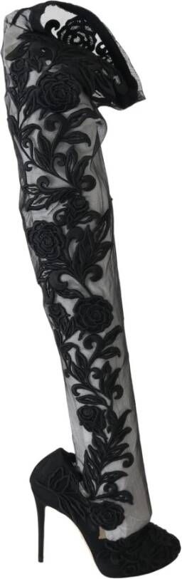 Dolce & Gabbana Bloemen Geborduurde Over-Knee Laarzen Black Dames