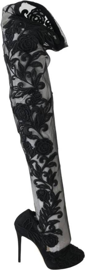 Dolce & Gabbana Bloemen Geborduurde Overknee Laarzen Black Dames