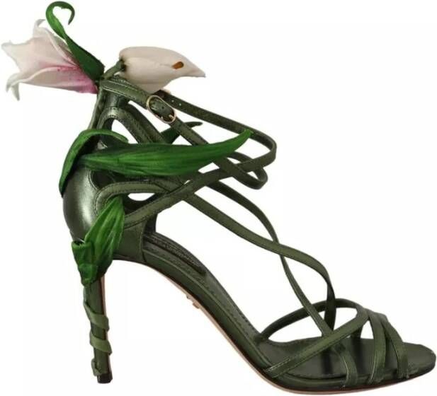 Dolce & Gabbana Bloemen Leren Strappy Hakken Sandalen Green Dames