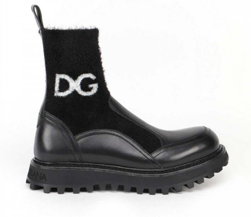 Dolce & Gabbana Horse calfskin ankle boots with branded sock Zwart Heren