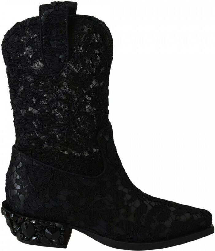 Dolce & Gabbana Zwarte Lace Taormina Enkel Cowboy Kristal Schoenen Black Dames