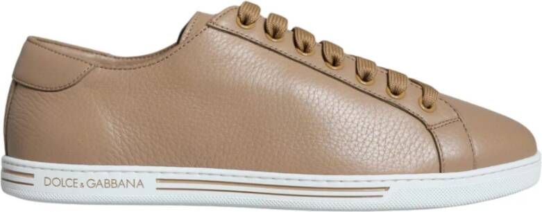 Dolce & Gabbana Bruin leren vetersneakers met gouden logo Brown Heren