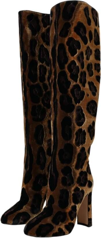 Dolce & Gabbana Bruine Giraffe Fluweel Leren Kniehoge Laarzen Brown Dames