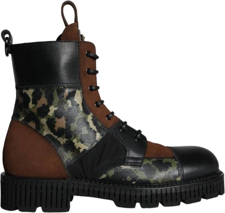 Dolce & Gabbana Camouflage Leren Gevechtslaarzen Brown Heren