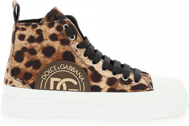 Dolce & Gabbana Cotton drill Portofino Light mid top sneakers with leopard print Bruin Dames