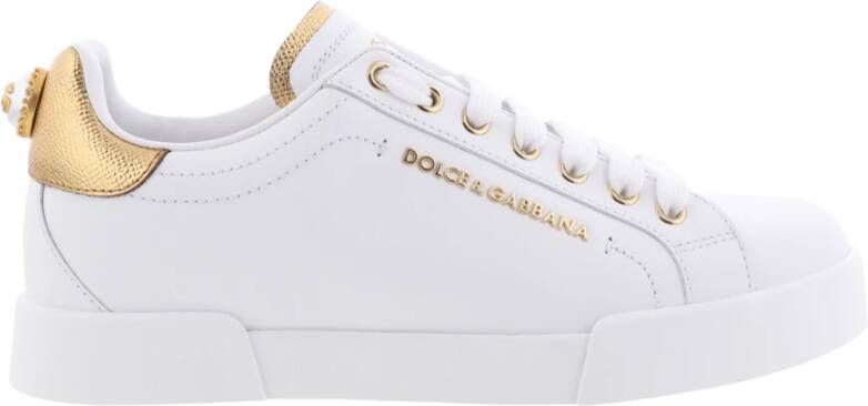 Dolce & Gabbana Witte leren sneakers met gouden en witte logo-applicaties White Dames