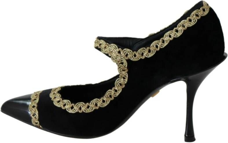 Dolce & Gabbana Elegante Zwarte Fluwelen Gouden Geborduurde Pumps Black Dames