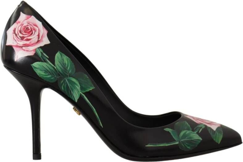 Dolce & Gabbana Elegante zwarte leren hakken met rozenprint Black Dames