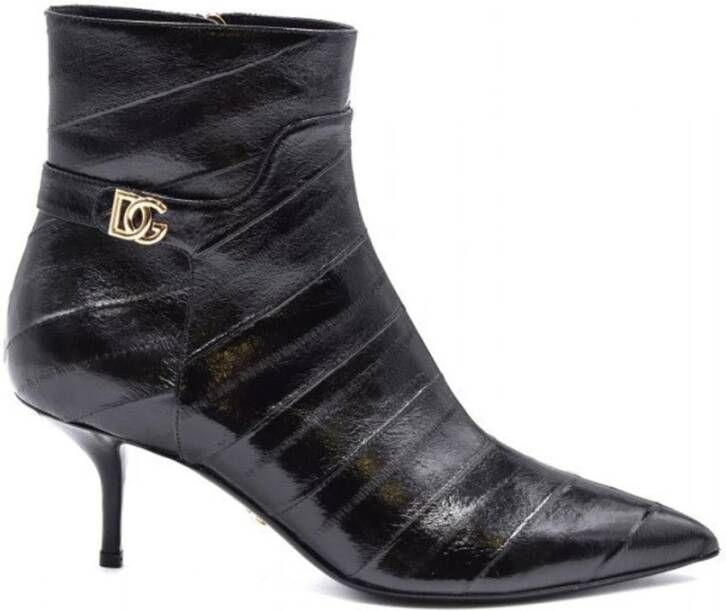 Dolce & Gabbana Exotische leren enkellaarzen met metalen logo Black Dames