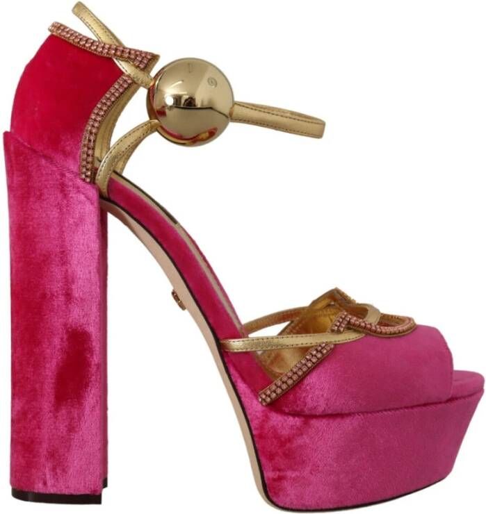 Dolce & Gabbana Fluwelen en Gouden Leren Sandalen met Roze Kristallen Pink Dames