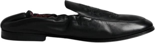 Dolce & Gabbana Geborduurde Leren Loafers Slip-On Black Heren