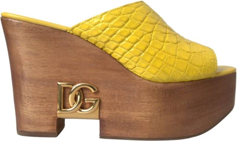 Dolce & Gabbana Gele Leren Houten Sleehak Sandalen Yellow Dames