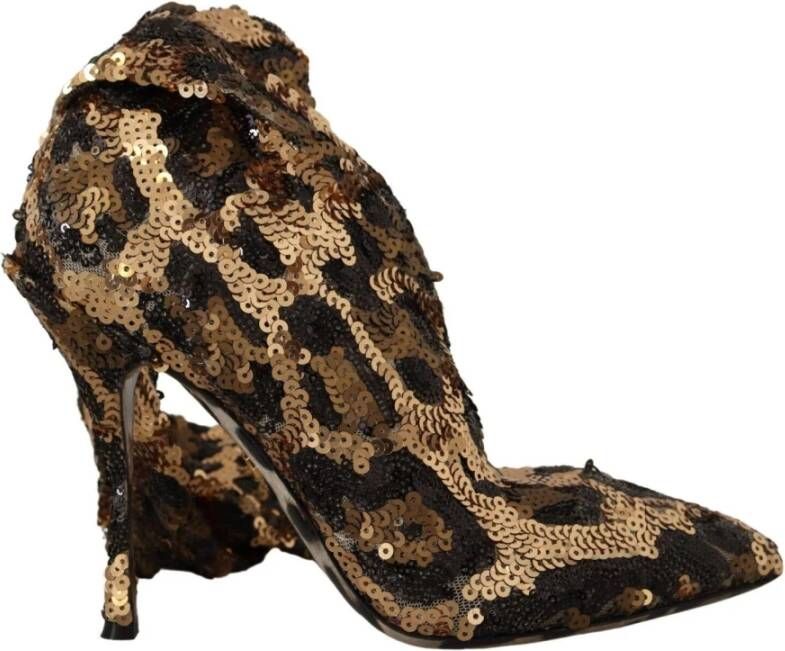 Dolce & Gabbana Gold Leopard Sequins Heels Boots Shoes Bruin Dames