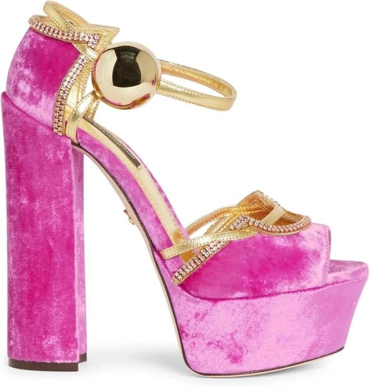 Dolce & Gabbana Pink Velvet Crystal Ankle Strap Sandals Shoes Roze Dames