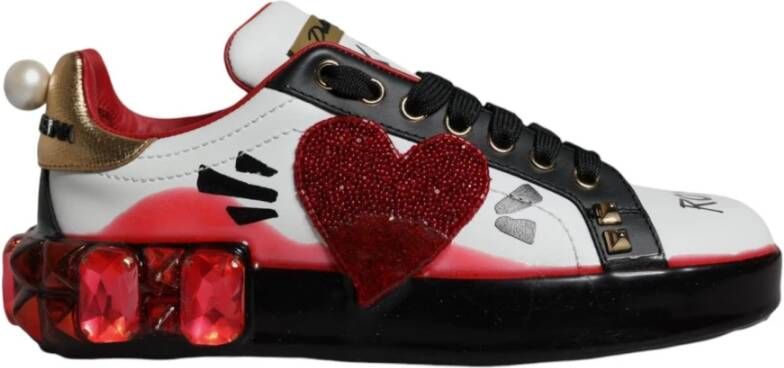 Dolce & Gabbana Kristal Hart Leren Sneakers Wit Rood Multicolor Dames