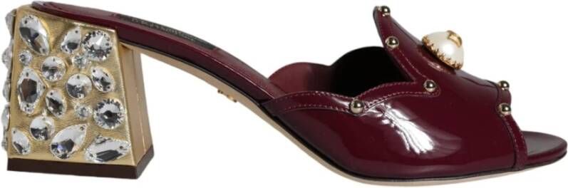 Dolce & Gabbana Kristal Leren Slides Sandalen Maroon Gold Brown Dames