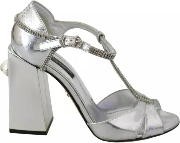 Dolce & Gabbana Kristal T-Strap Leren Sandalen Gray Dames