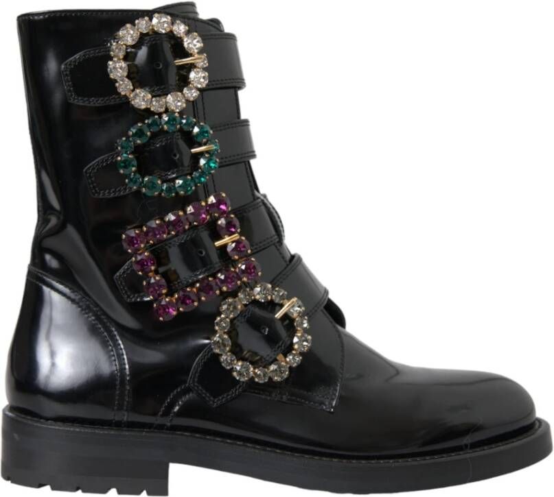 Dolce & Gabbana Kristallen Gesp Leren Laarzen Black Dames