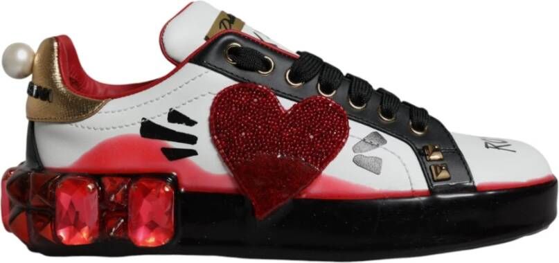 Dolce & Gabbana Kristal Hart Leren Sneakers Wit Rood Multicolor Dames