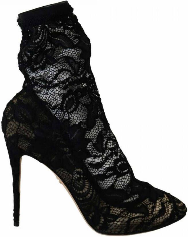 Dolce & Gabbana Black Stretch Socks Taormina Lace Boots Shoes Zwart Dames