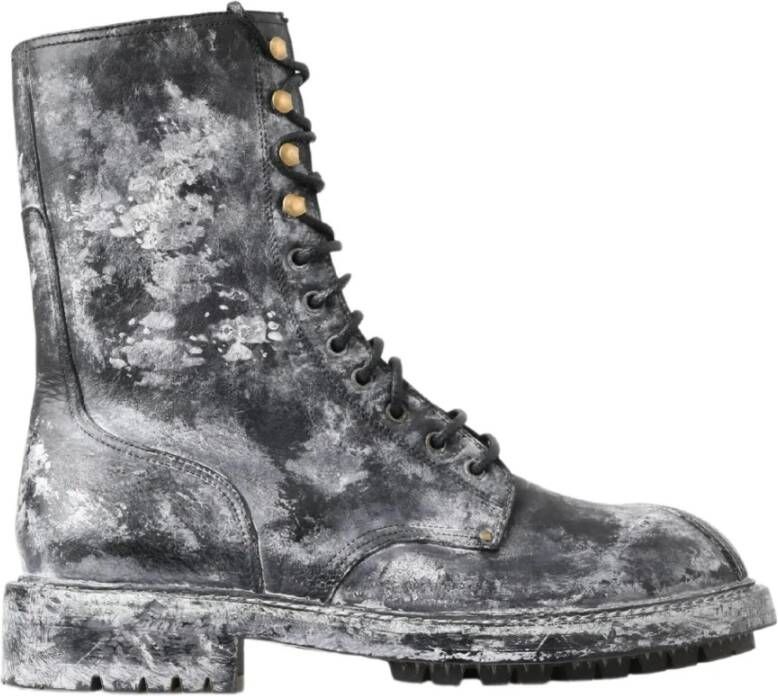 Dolce & Gabbana Chique Zwarte Veterschoenen Grijs-Wit Black Heren