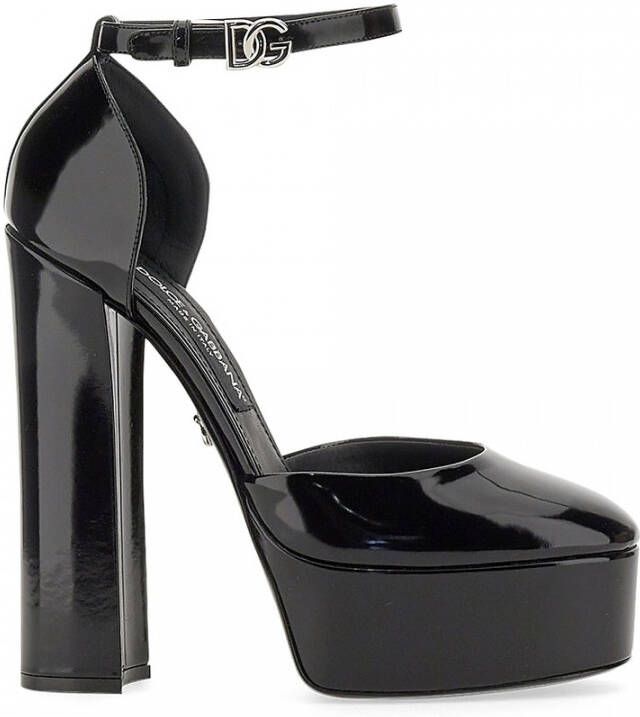 Dolce & Gabbana Verstelbare enkelband rondeeus leren pumps Black Dames