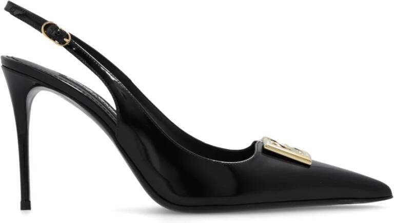 Dolce & Gabbana Glanzend Leren Slingback Pumps met Gouden Metalen DG Monogram Black Dames