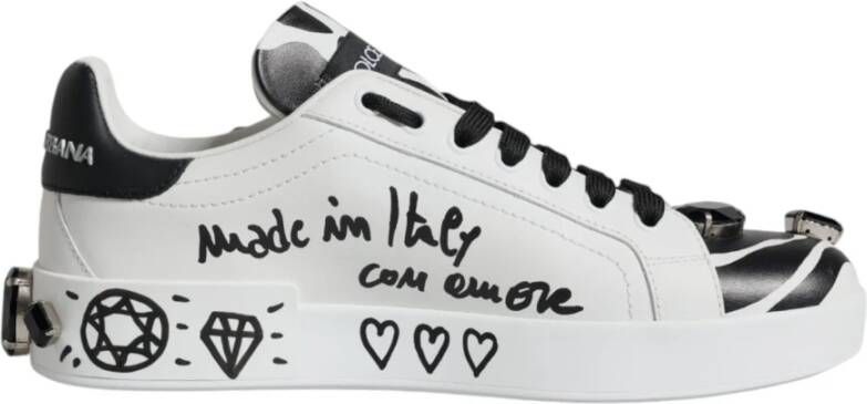 Dolce & Gabbana Logo Detail Leren Sneakers Wit Zwart White Dames