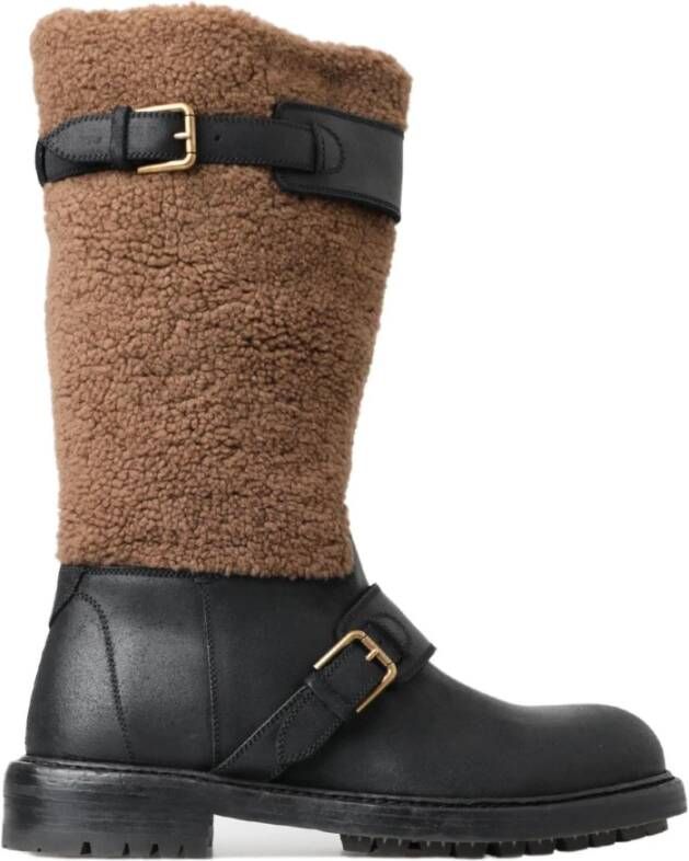 Dolce & Gabbana Luxe Shearling Leren Lange Laarzen Multicolor Heren