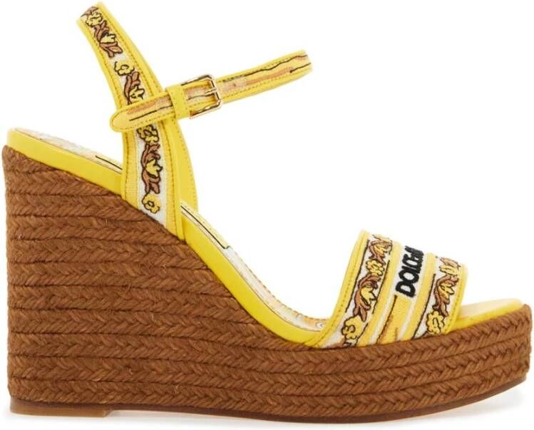 Dolce & Gabbana Maiolica Geborduurde Sleehak Sandalen Yellow Dames