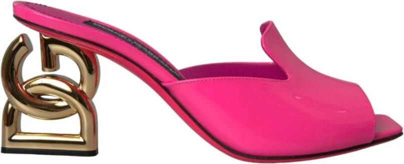 Dolce & Gabbana Neon Roze Leren Logo Hakken Sandalen Pink Dames