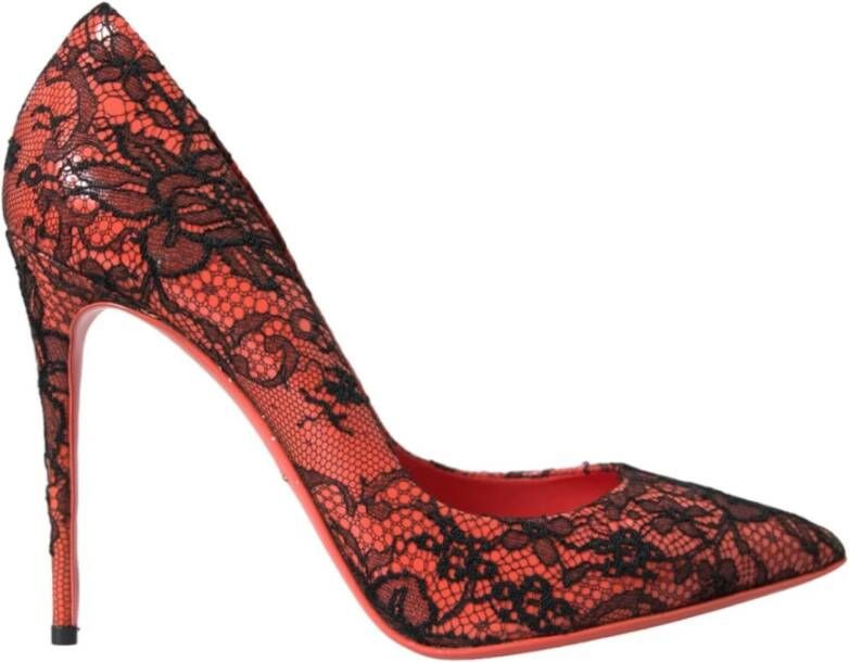 Dolce & Gabbana Oranje Bloemen Kant Leren Hakken Pumps Red Dames