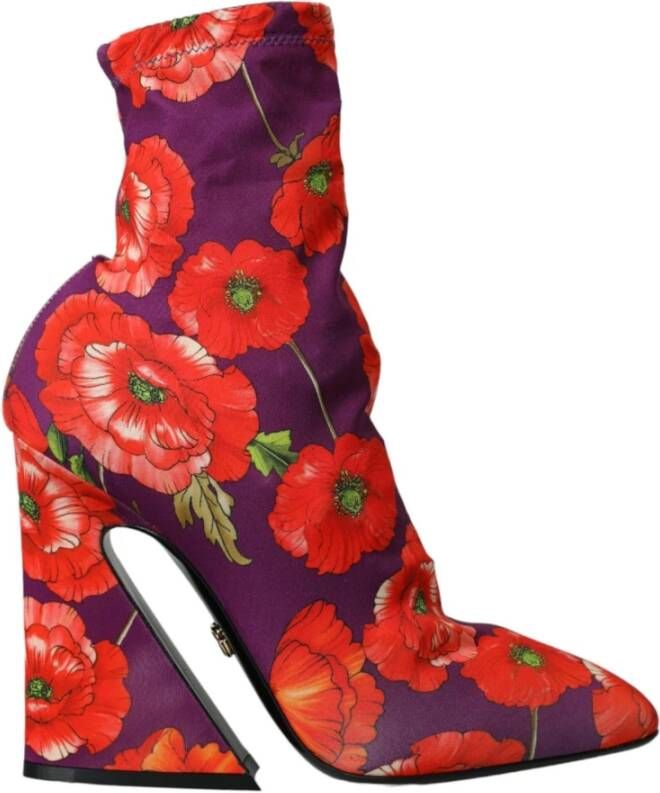 Dolce & Gabbana Paarse Bloemen Stretch Enkellaarzen Multicolor Dames