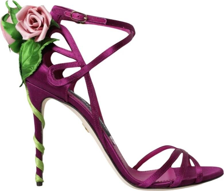 Dolce & Gabbana Paarse Bloemrijke Satijnen Hoge Hak Sandalen Purple Dames