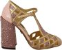 Dolce & Gabbana Pink Gold Leather Crystal Pumps T-strap Shoes Geel Dames - Thumbnail 1