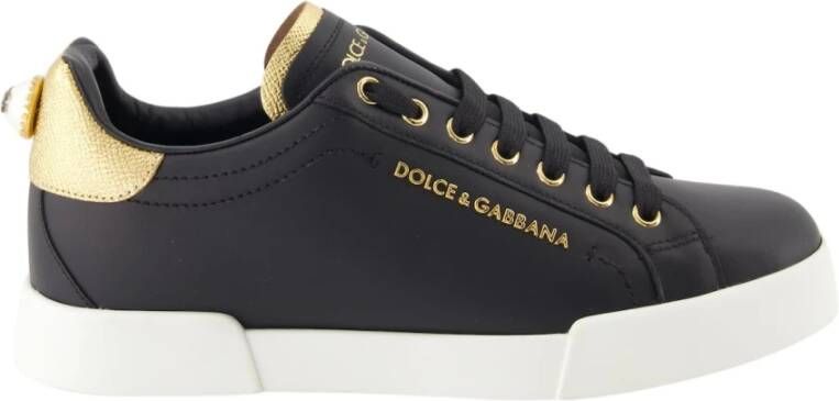 Dolce & Gabbana Portofino Sneakers van Zwart Leer met Logo Parel Black Dames