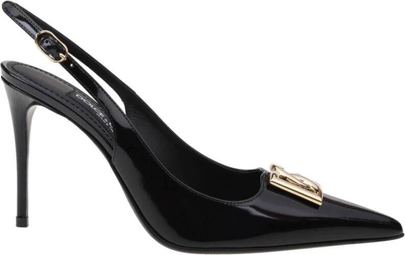 Dolce & Gabbana Glanzend Leren Slingback Pumps met Gouden Metalen DG Monogram Black Dames