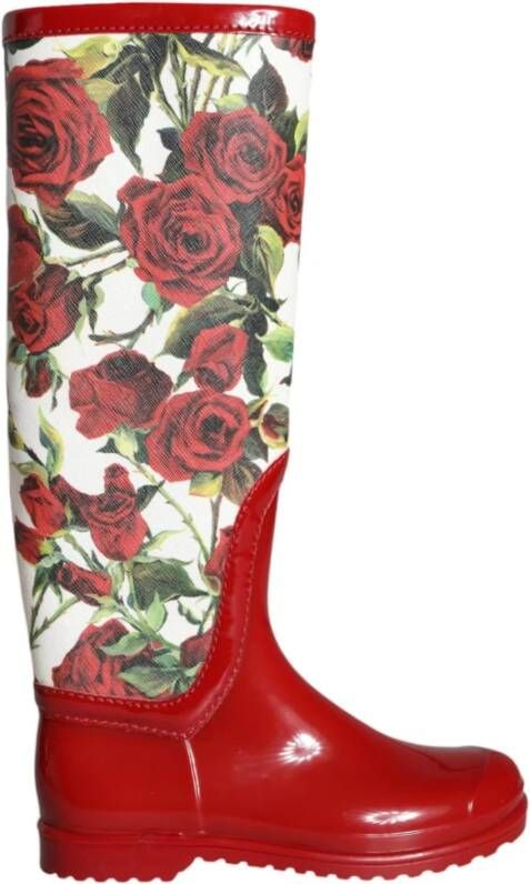 Dolce & Gabbana Rode Bloemen Rubber Kniehoge Laarzen Multicolor Dames