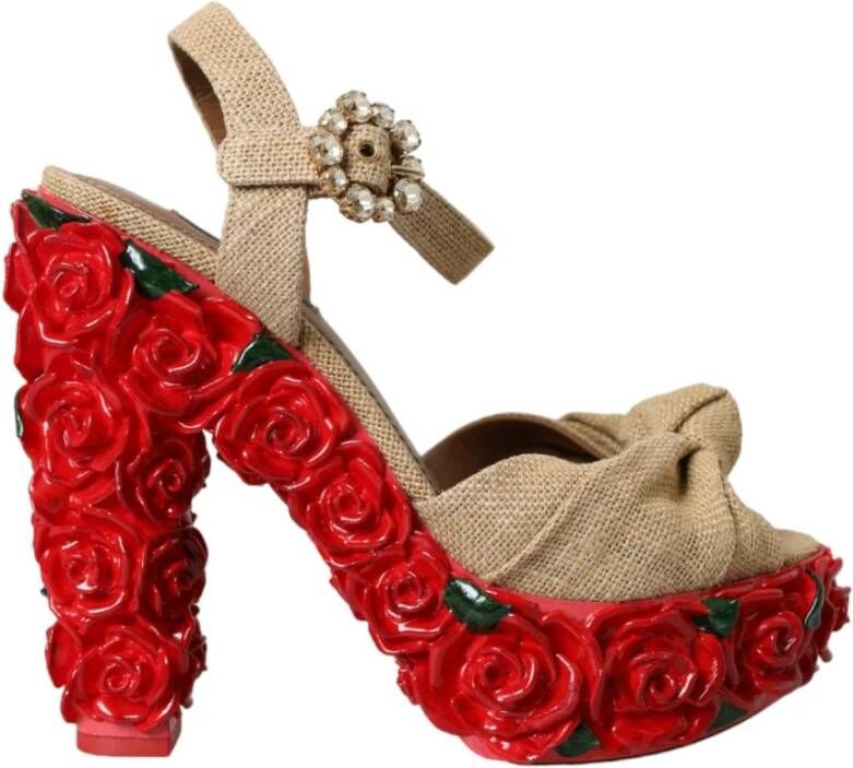 Dolce & Gabbana Rode Rozen Kristal Platform Sandalen Beige Dames