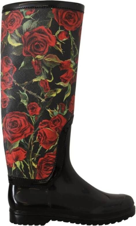 Dolce & Gabbana Rode Rozenprint Regenlaarzen Black Dames