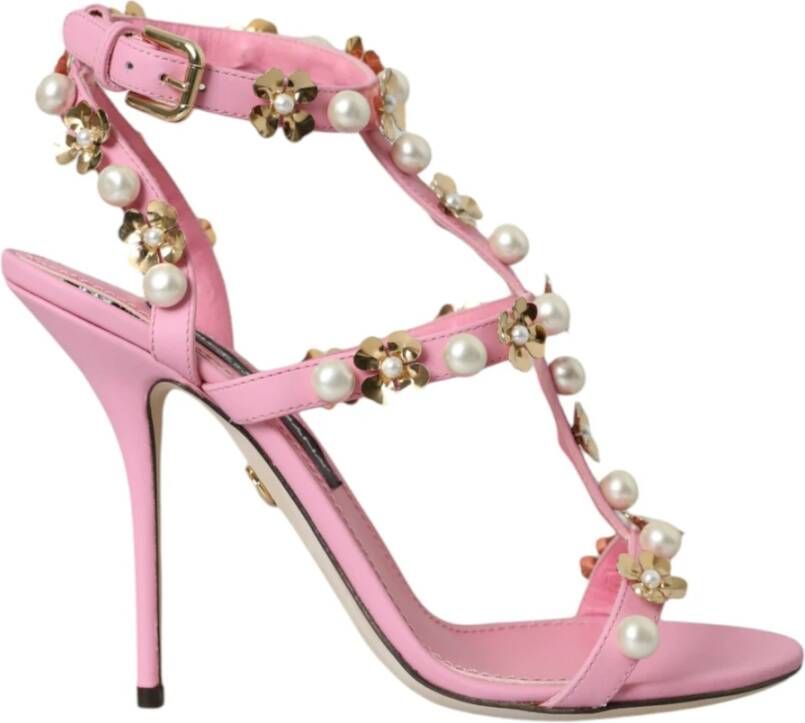 Dolce & Gabbana Roze Leren Versierde Hakken Sandalen Pink Dames