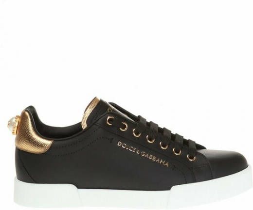 Dolce & Gabbana Portofino Sneakers van Zwart Leer met Logo Parel Black Dames