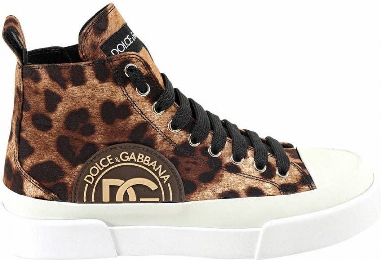 Dolce & Gabbana Cotton drill Portofino Light mid top sneakers with leopard print Bruin Dames