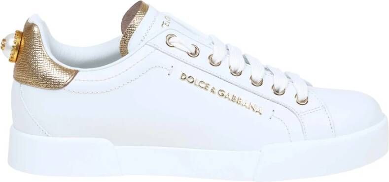 Dolce & Gabbana Witte leren sneakers met gouden en witte logo-applicaties White Dames