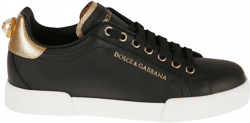 Dolce & Gabbana Portofino Sneakers van Zwart Leer met Logo Parel Black Dames