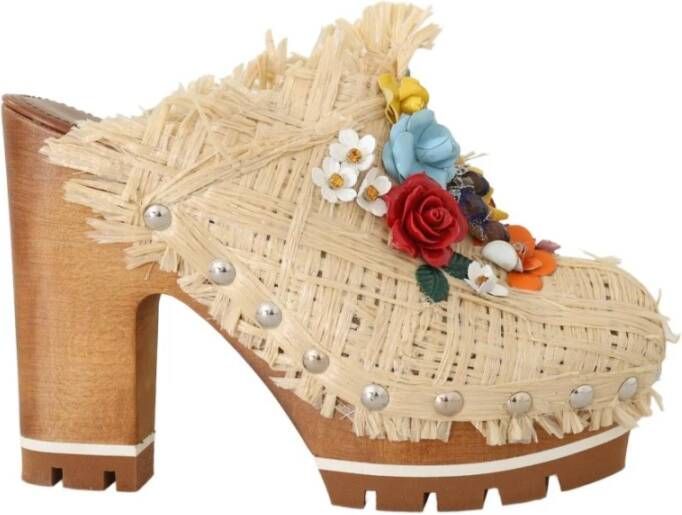 Dolce & Gabbana Beige Raffia Mules Bloemen Slides Beige Dames